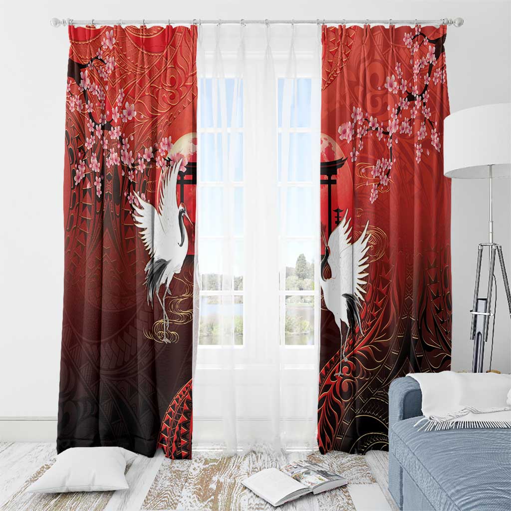 Hawaii and Japan Together Window Curtain Polynesian Art Tattoo With Cranes And Sakura LT05 - Polynesian Pride