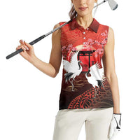 Hawaii and Japan Together Women Sleeveless Polo Shirt Polynesian Art Tattoo With Cranes And Sakura LT05 - Polynesian Pride