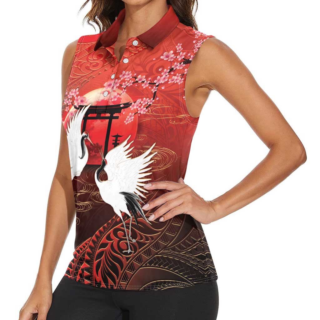 Hawaii and Japan Together Women Sleeveless Polo Shirt Polynesian Art Tattoo With Cranes And Sakura LT05 - Polynesian Pride