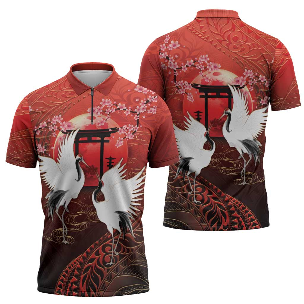 Hawaii and Japan Together Zipper Polo Shirt Polynesian Art Tattoo With Cranes And Sakura - Polynesian Pride