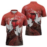 Hawaii and Japan Together Zipper Polo Shirt Polynesian Art Tattoo With Cranes And Sakura - Polynesian Pride