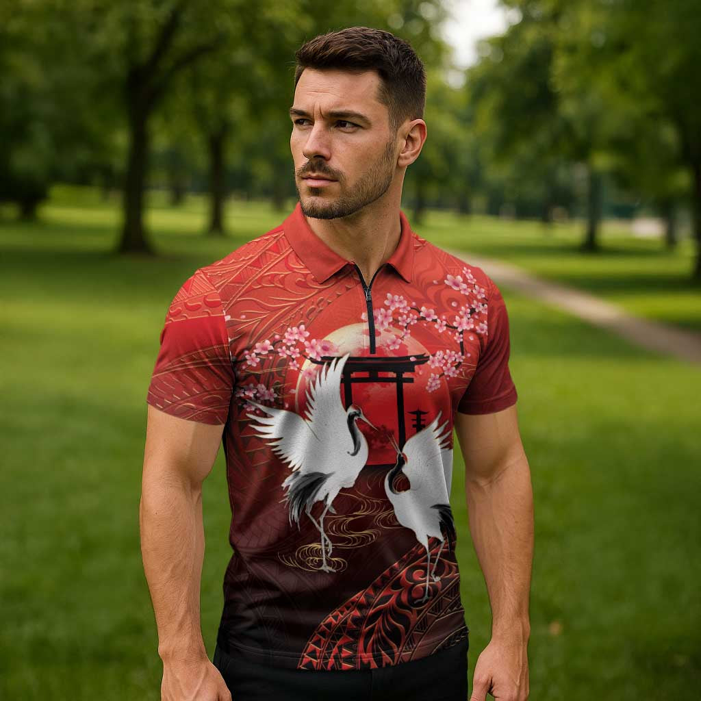Hawaii and Japan Together Zipper Polo Shirt Polynesian Art Tattoo With Cranes And Sakura - Polynesian Pride