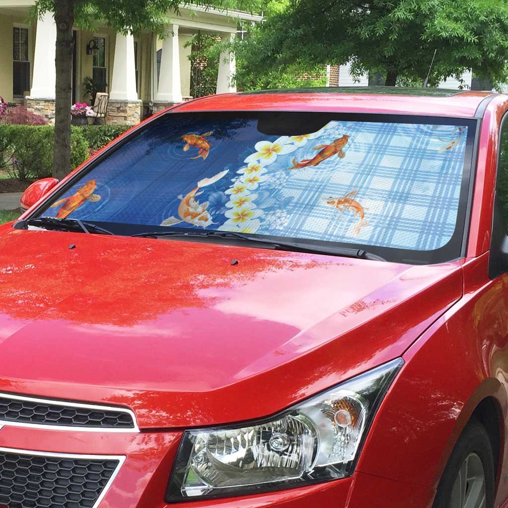 Hawaii And Japan Auto Sun Shade Plumeria Lei With Koi Fish Blue LT05 - Polynesian Pride