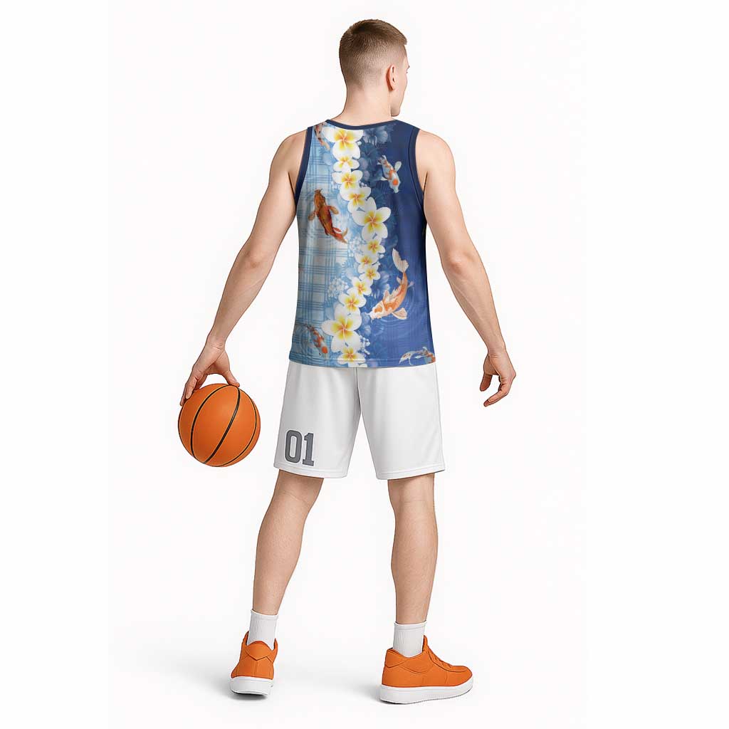Hawaii And Japan Basketball Jersey Plumeria Lei With Koi Fish Blue - Polynesian Pride