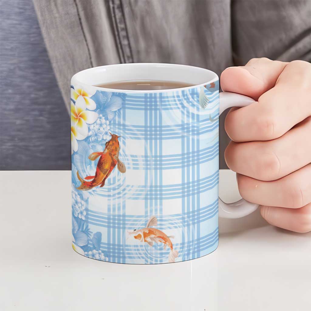 Hawaii And Japan Ceramic Mug Plumeria Lei With Koi Fish Blue - Polynesian Pride