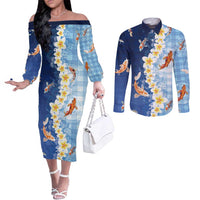 Hawaii And Japan Couples Matching Off The Shoulder Long Sleeve Dress and Long Sleeve Button Shirt Plumeria Lei With Koi Fish Blue LT05 Blue - Polynesian Pride