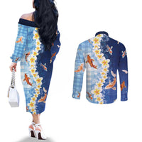 Hawaii And Japan Couples Matching Off The Shoulder Long Sleeve Dress and Long Sleeve Button Shirt Plumeria Lei With Koi Fish Blue LT05 - Polynesian Pride