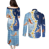 Hawaii And Japan Couples Matching Puletasi and Long Sleeve Button Shirt Plumeria Lei With Koi Fish Blue - Polynesian Pride