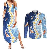 Hawaii And Japan Couples Matching Summer Maxi Dress and Long Sleeve Button Shirt Plumeria Lei With Koi Fish Blue - Polynesian Pride