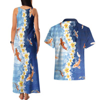 Hawaii And Japan Couples Matching Tank Maxi Dress and Hawaiian Shirt Plumeria Lei With Koi Fish Blue LT05 - Polynesian Pride
