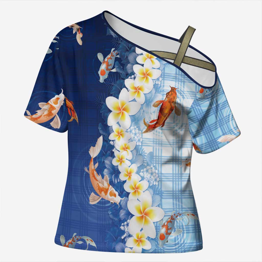 Hawaii And Japan Cross Shoulder Shirt Plumeria Lei With Koi Fish Blue - Polynesian Pride