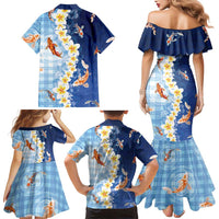 Hawaii And Japan Family Matching Mermaid Dress and Hawaiian Shirt Plumeria Lei With Koi Fish Blue LT05 - Polynesian Pride