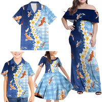 Hawaii And Japan Family Matching Off Shoulder Maxi Dress and Hawaiian Shirt Plumeria Lei With Koi Fish Blue LT05 - Polynesian Pride