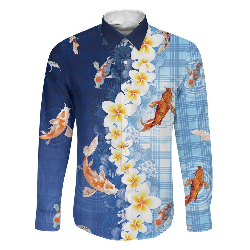 Hawaii And Japan Family Matching Off Shoulder Maxi Dress and Hawaiian Shirt Plumeria Lei With Koi Fish Blue LT05 Dad's Shirt - Long Sleeve Blue - Polynesian Pride