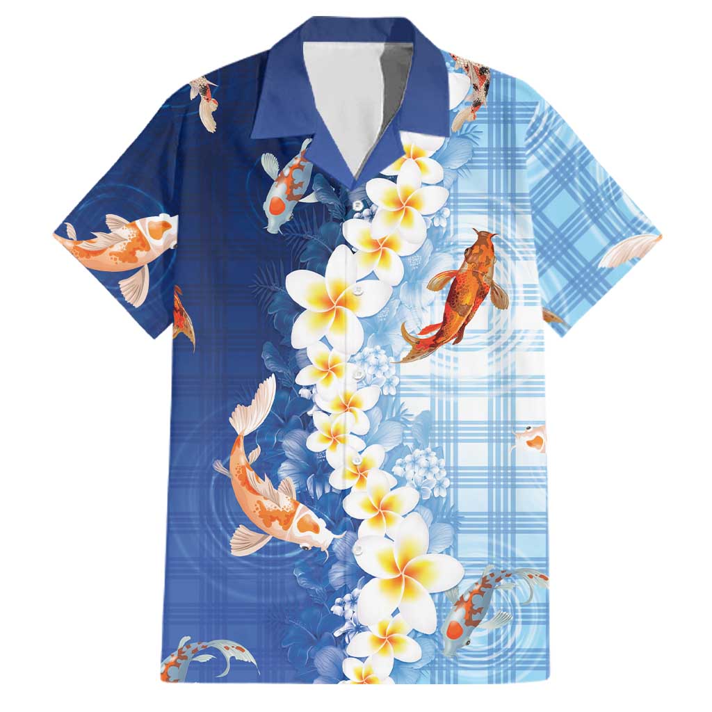 Hawaii And Japan Family Matching Off Shoulder Short Dress and Hawaiian Shirt Plumeria Lei With Koi Fish Blue LT05 Dad's Shirt - Short Sleeve Blue - Polynesian Pride