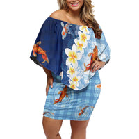 Hawaii And Japan Family Matching Off Shoulder Short Dress and Hawaiian Shirt Plumeria Lei With Koi Fish Blue LT05 Mom's Dress Blue - Polynesian Pride