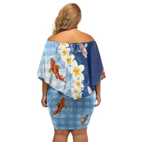 Hawaii And Japan Family Matching Off Shoulder Short Dress and Hawaiian Shirt Plumeria Lei With Koi Fish Blue LT05 - Polynesian Pride