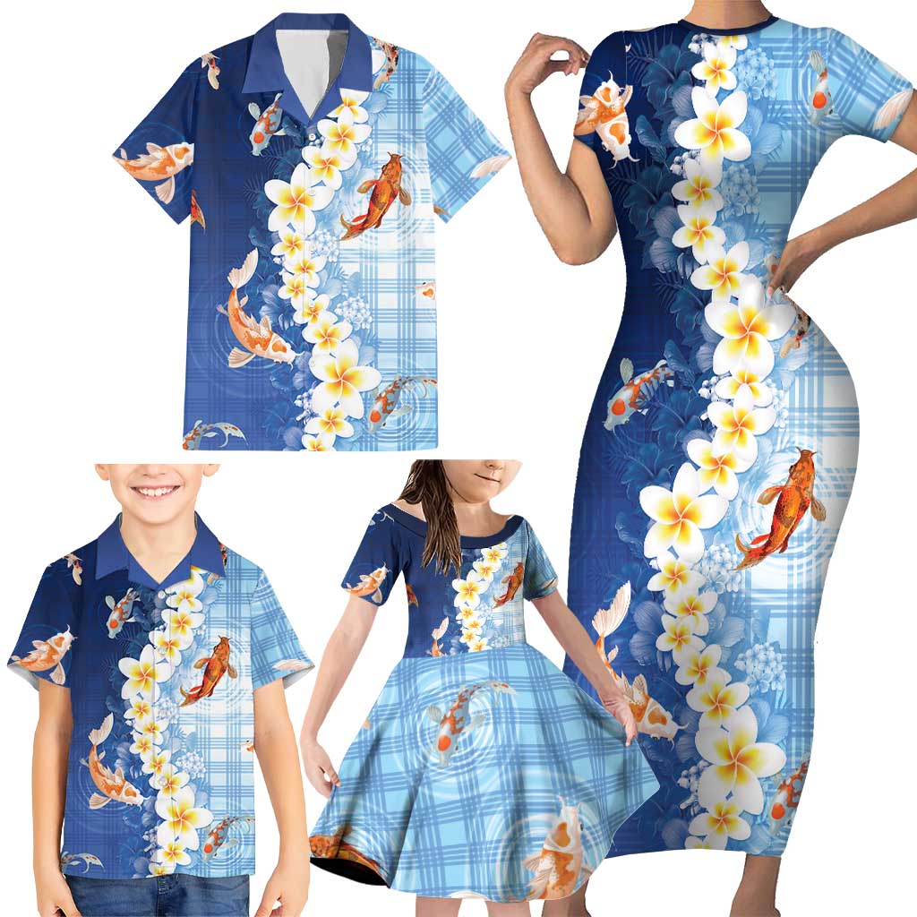 Hawaii And Japan Family Matching Short Sleeve Bodycon Dress and Hawaiian Shirt Plumeria Lei With Koi Fish Blue - Polynesian Pride