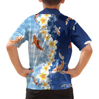 Hawaii And Japan Family Matching Summer Maxi Dress and Hawaiian Shirt Plumeria Lei With Koi Fish Blue LT05 - Polynesian Pride
