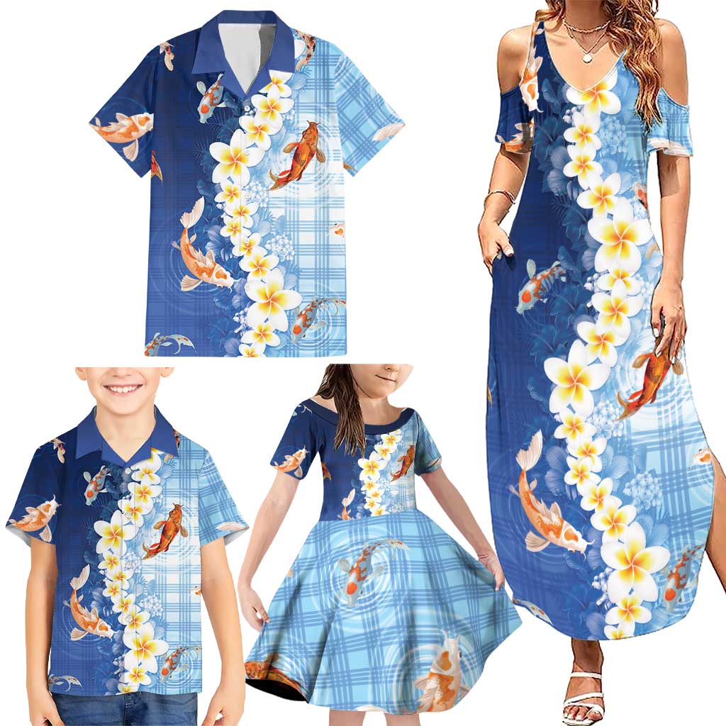 Hawaii And Japan Family Matching Summer Maxi Dress and Hawaiian Shirt Plumeria Lei With Koi Fish Blue LT05 - Polynesian Pride