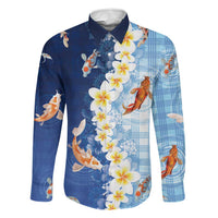 Hawaii And Japan Family Matching Summer Maxi Dress and Hawaiian Shirt Plumeria Lei With Koi Fish Blue LT05 Dad's Shirt - Long Sleeve Blue - Polynesian Pride