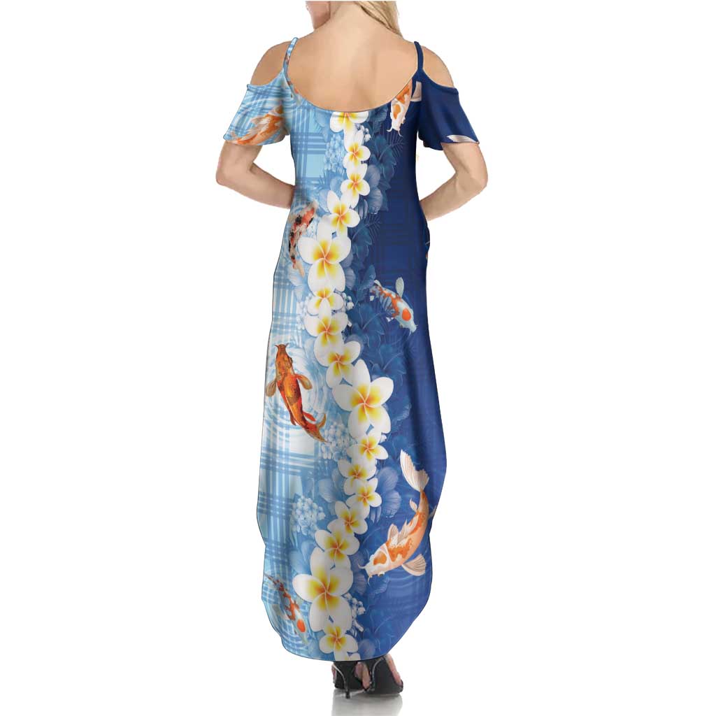 Hawaii And Japan Family Matching Summer Maxi Dress and Hawaiian Shirt Plumeria Lei With Koi Fish Blue LT05 - Polynesian Pride