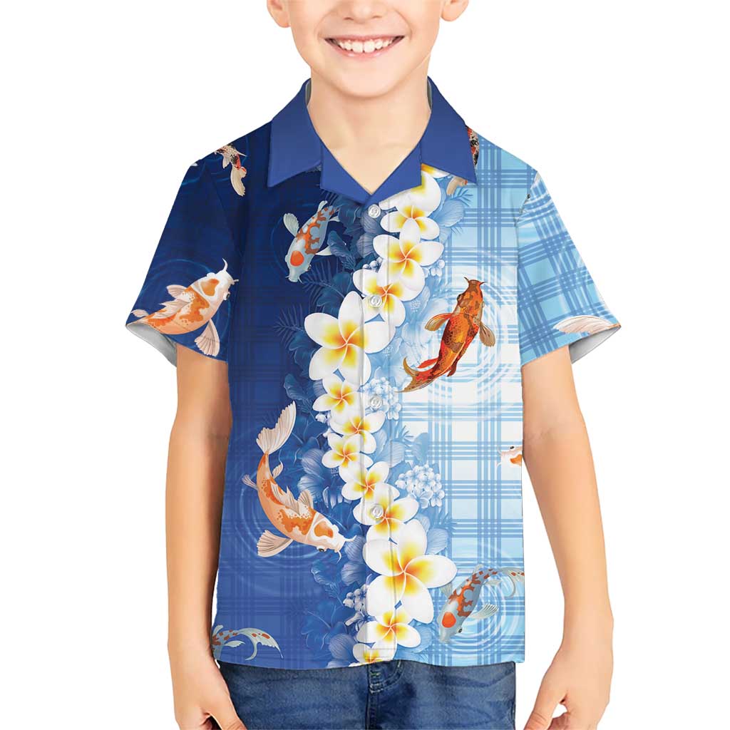 Hawaii And Japan Family Matching Summer Maxi Dress and Hawaiian Shirt Plumeria Lei With Koi Fish Blue LT05 Son's Shirt Blue - Polynesian Pride