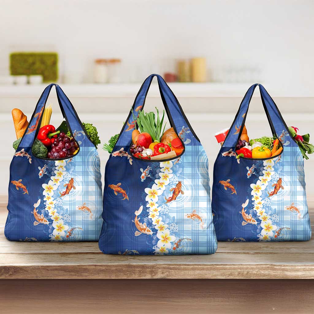 Hawaii And Japan Grocery Bag Plumeria Lei With Koi Fish Blue - Polynesian Pride