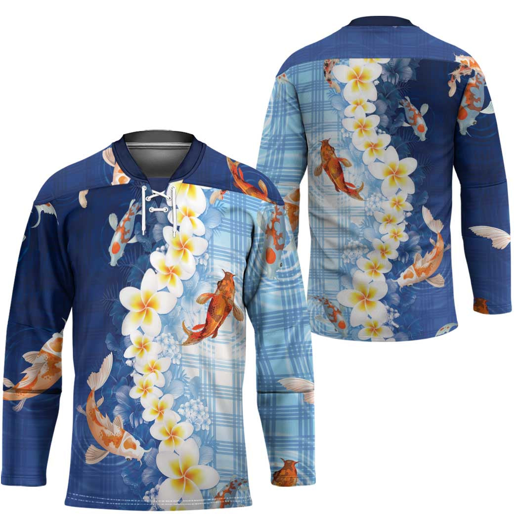 Hawaii And Japan Hockey Jersey Plumeria Lei With Koi Fish Blue - Polynesian Pride
