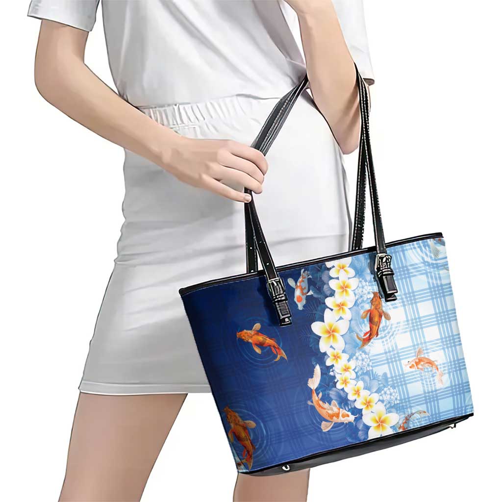 Hawaii And Japan Leather Tote Bag Plumeria Lei With Koi Fish Blue LT05 - Polynesian Pride