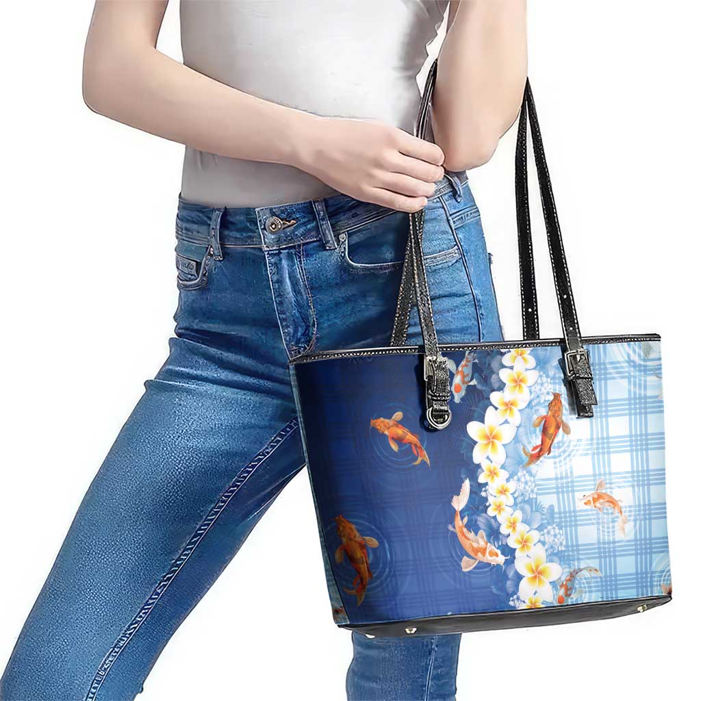 Hawaii And Japan Leather Tote Bag Plumeria Lei With Koi Fish Blue LT05 - Polynesian Pride