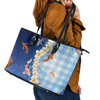 Hawaii And Japan Leather Tote Bag Plumeria Lei With Koi Fish Blue LT05 - Polynesian Pride