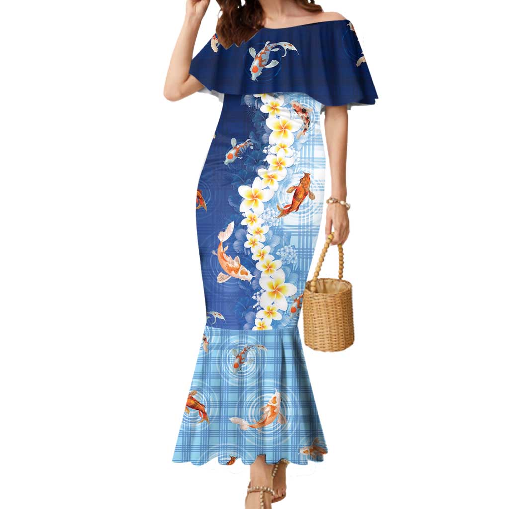 Hawaii And Japan Mermaid Dress Plumeria Lei With Koi Fish Blue - Polynesian Pride