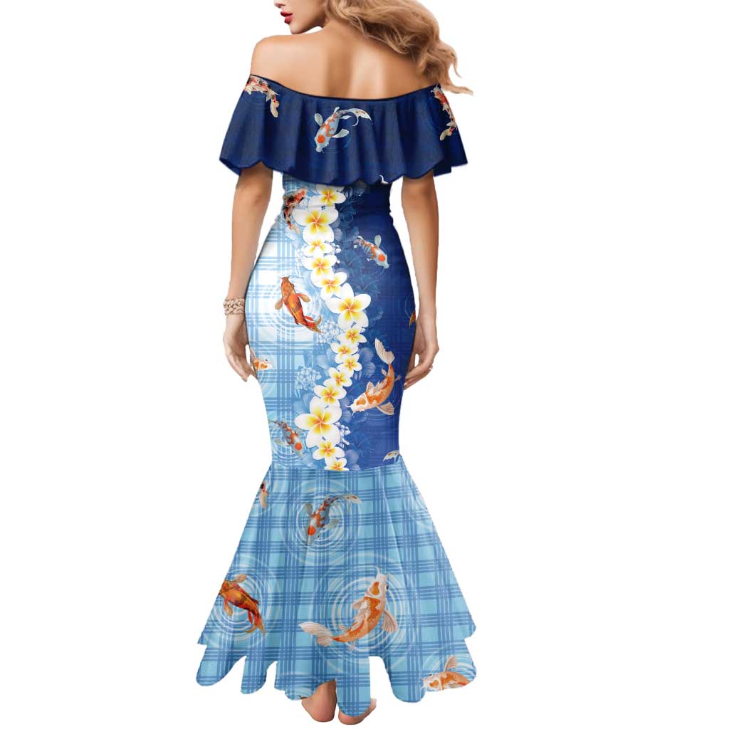 Hawaii And Japan Mermaid Dress Plumeria Lei With Koi Fish Blue - Polynesian Pride