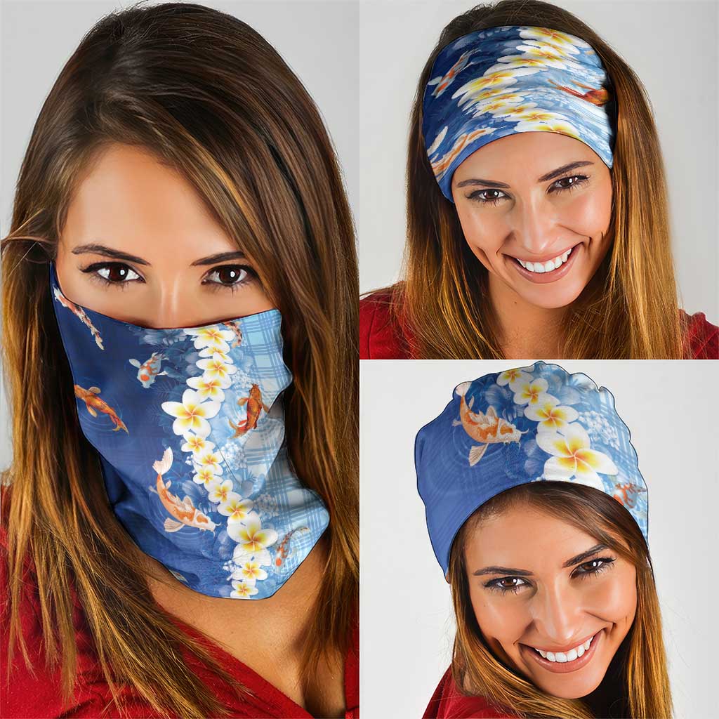 Hawaii And Japan Neck Gaiter Plumeria Lei With Koi Fish Blue LT05 - Polynesian Pride