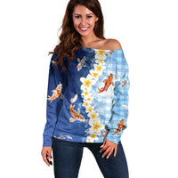 Hawaii And Japan Off Shoulder Sweater Plumeria Lei With Koi Fish Blue LT05 Women Blue - Polynesian Pride