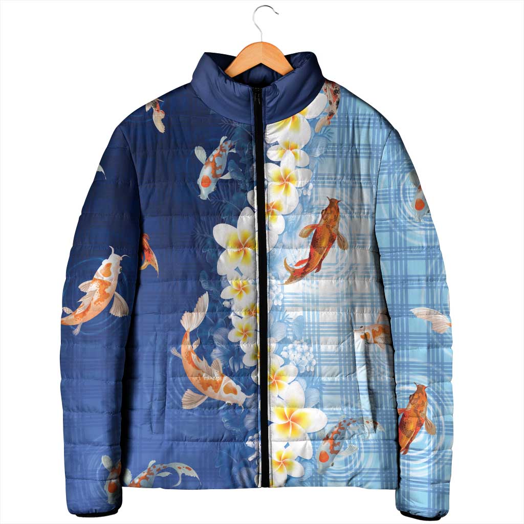 Hawaii And Japan Padded Jacket Plumeria Lei With Koi Fish Blue - Polynesian Pride