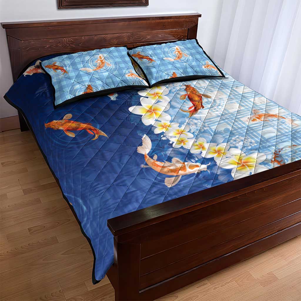 Hawaii And Japan Quilt Bed Set Plumeria Lei With Koi Fish Blue LT05 - Polynesian Pride