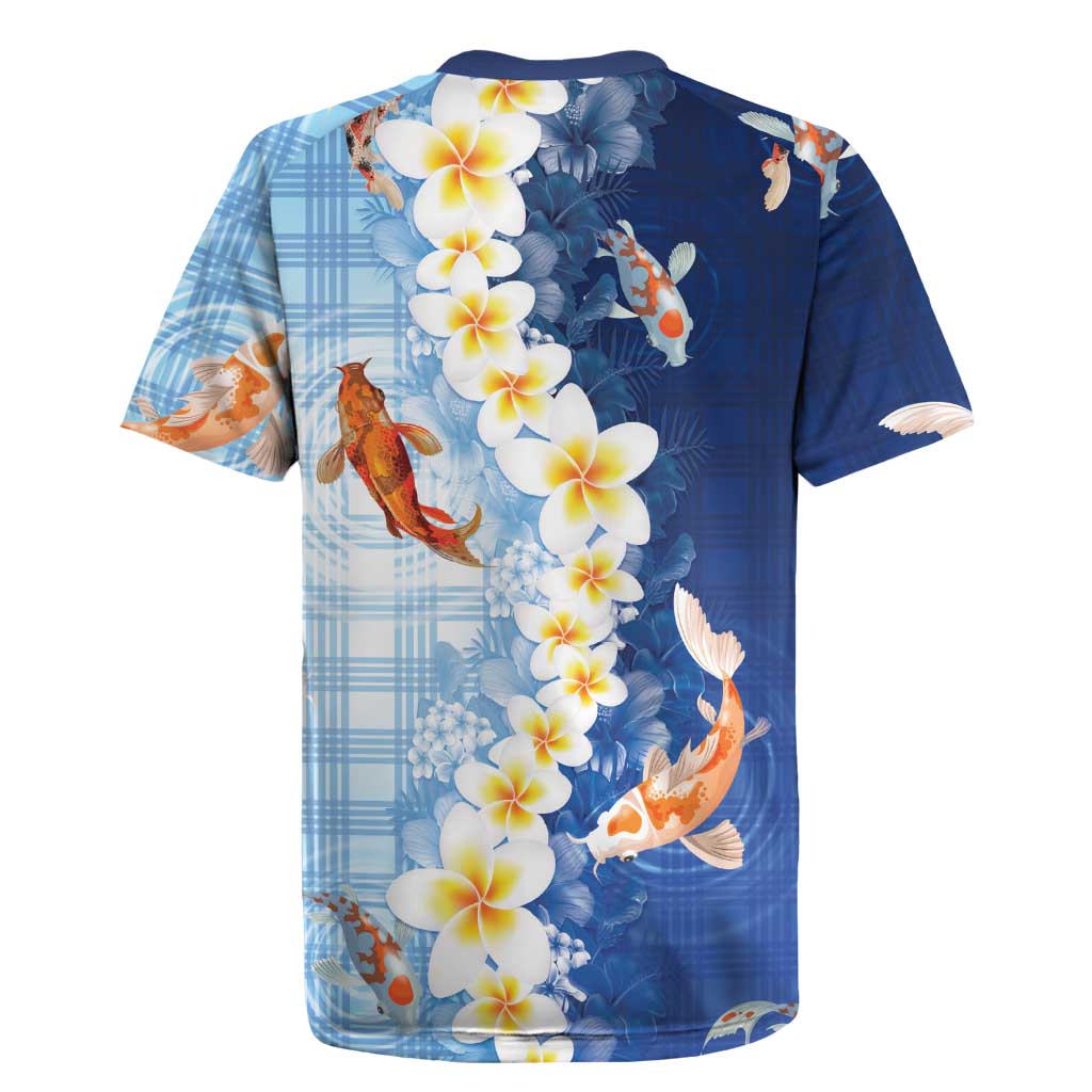 Hawaii And Japan Rugby Jersey Plumeria Lei With Koi Fish Blue LT05 - Polynesian Pride