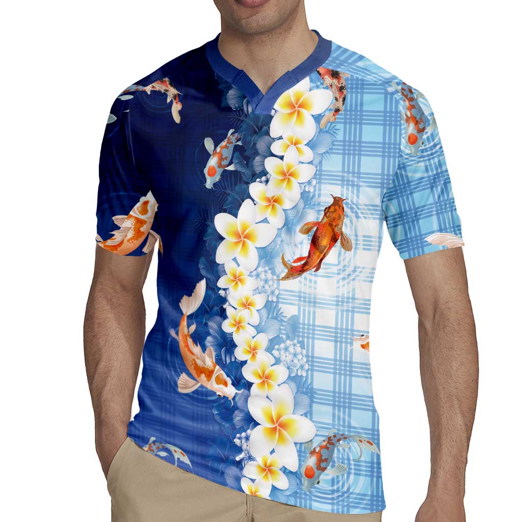 Hawaii And Japan Rugby Jersey Plumeria Lei With Koi Fish Blue LT05 - Polynesian Pride