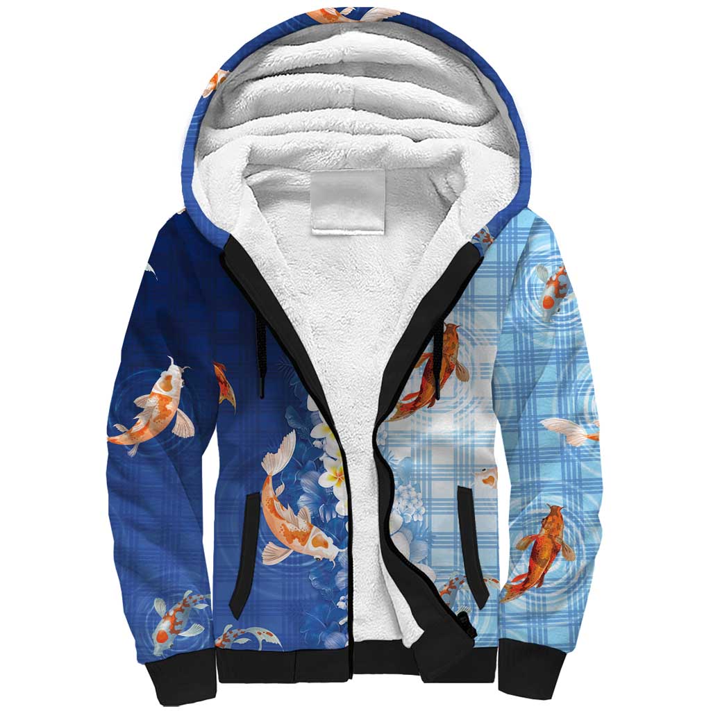 Hawaii And Japan Sherpa Hoodie Plumeria Lei With Koi Fish Blue LT05 Unisex Blue - Polynesian Pride