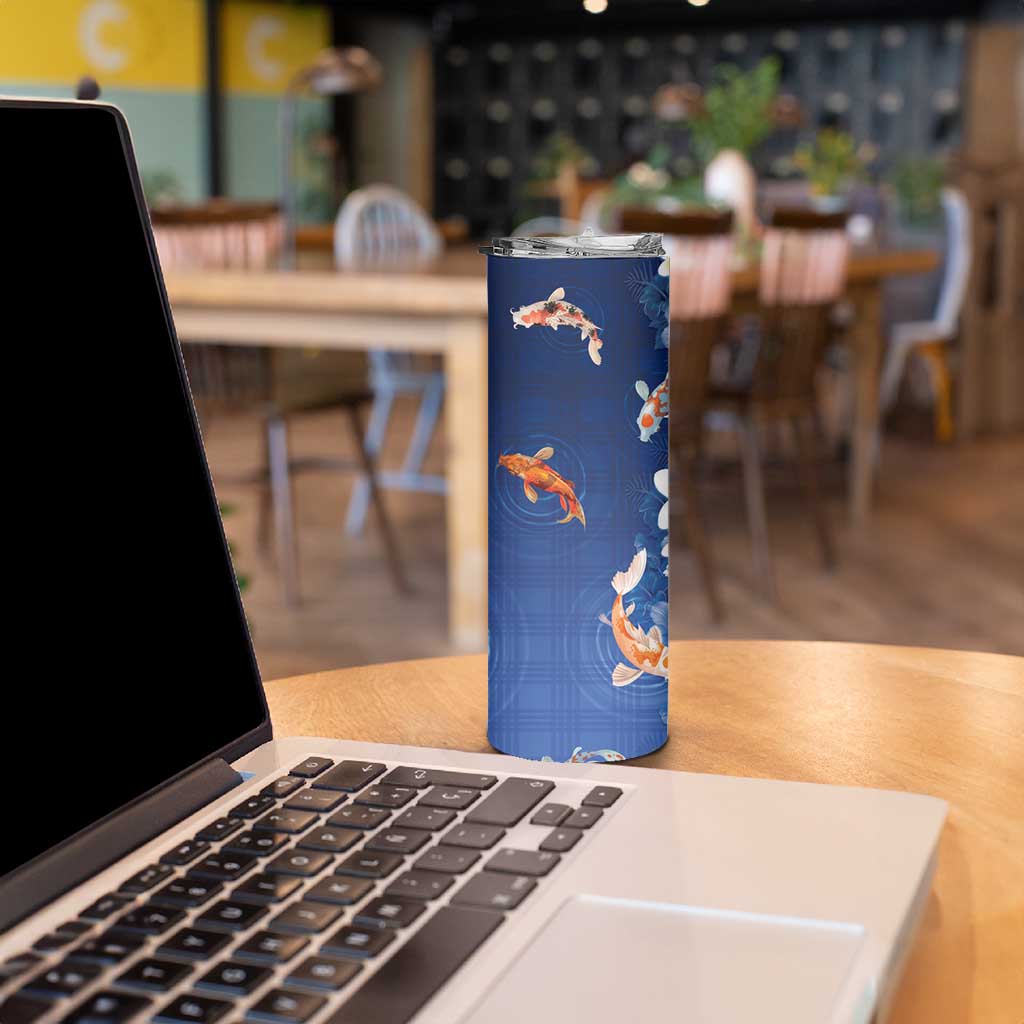 Hawaii And Japan Skinny Tumbler Plumeria Lei With Koi Fish Blue - Polynesian Pride