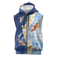 Hawaii And Japan Sleeveless Zip Hoodie Plumeria Lei With Koi Fish Blue LT05 Blue - Polynesian Pride