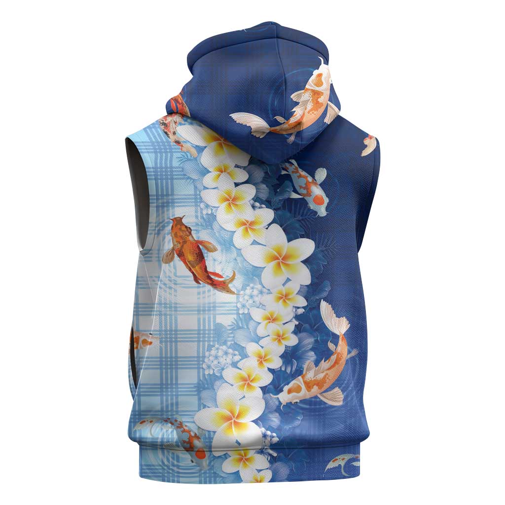 Hawaii And Japan Sleeveless Zip Hoodie Plumeria Lei With Koi Fish Blue LT05 - Polynesian Pride