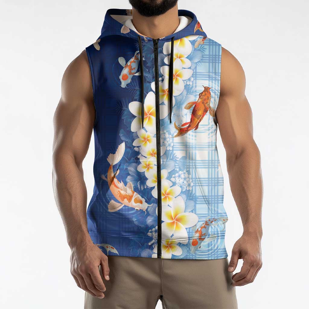 Hawaii And Japan Sleeveless Zip Hoodie Plumeria Lei With Koi Fish Blue LT05 - Polynesian Pride
