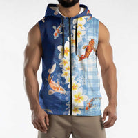 Hawaii And Japan Sleeveless Zip Hoodie Plumeria Lei With Koi Fish Blue LT05 - Polynesian Pride