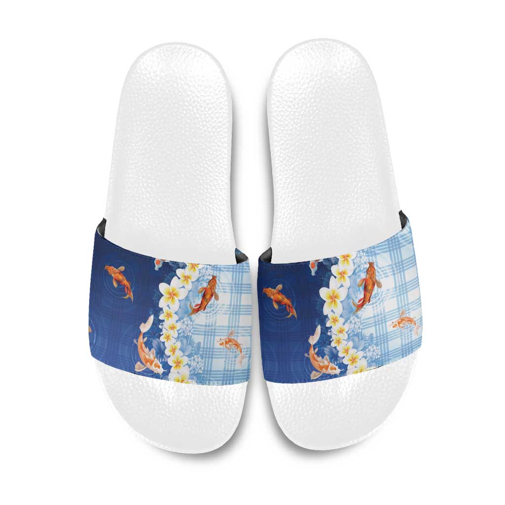 Hawaii And Japan Slide Sandals Plumeria Lei With Koi Fish Blue LT05 Blue - Polynesian Pride