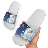 Hawaii And Japan Slide Sandals Plumeria Lei With Koi Fish Blue LT05 - Polynesian Pride