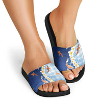 Hawaii And Japan Slide Sandals Plumeria Lei With Koi Fish Blue LT05 - Polynesian Pride
