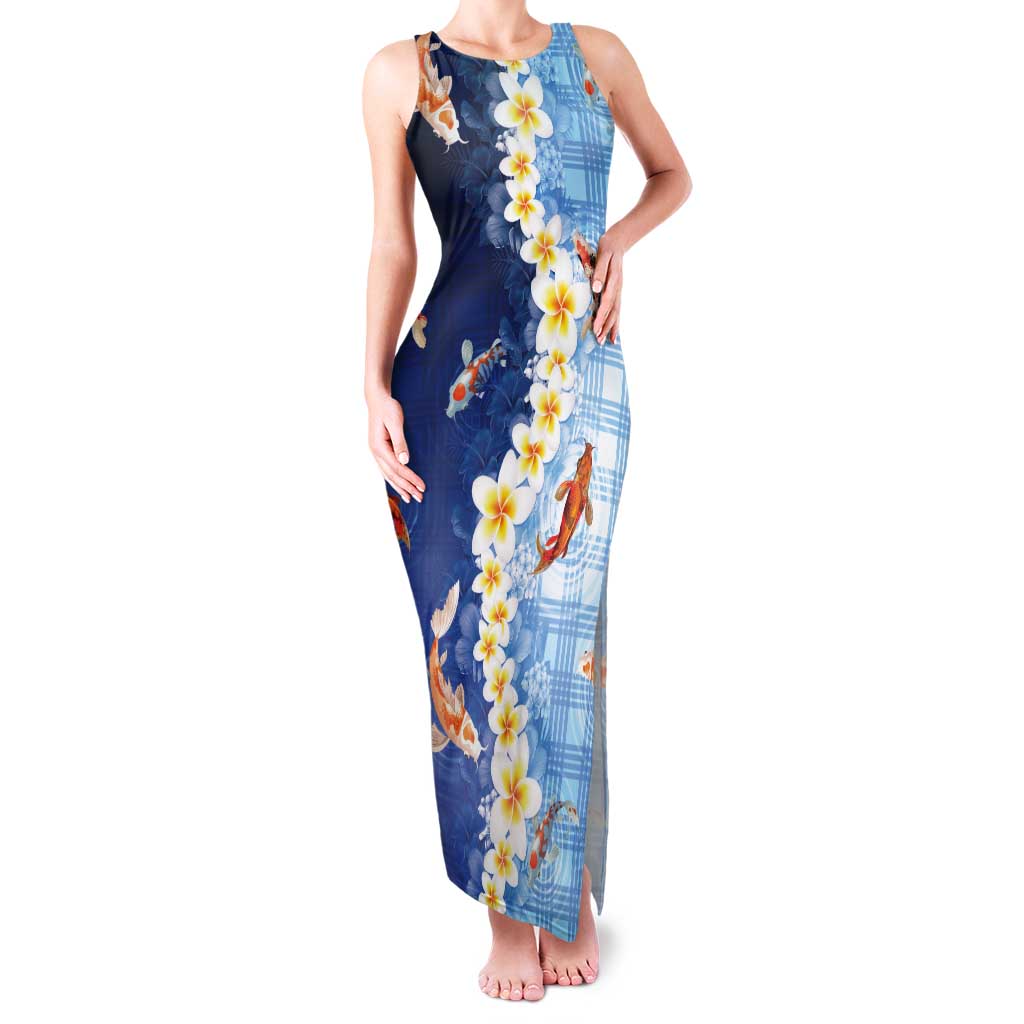 Hawaii And Japan Tank Maxi Dress Plumeria Lei With Koi Fish Blue LT05 Women Blue - Polynesian Pride